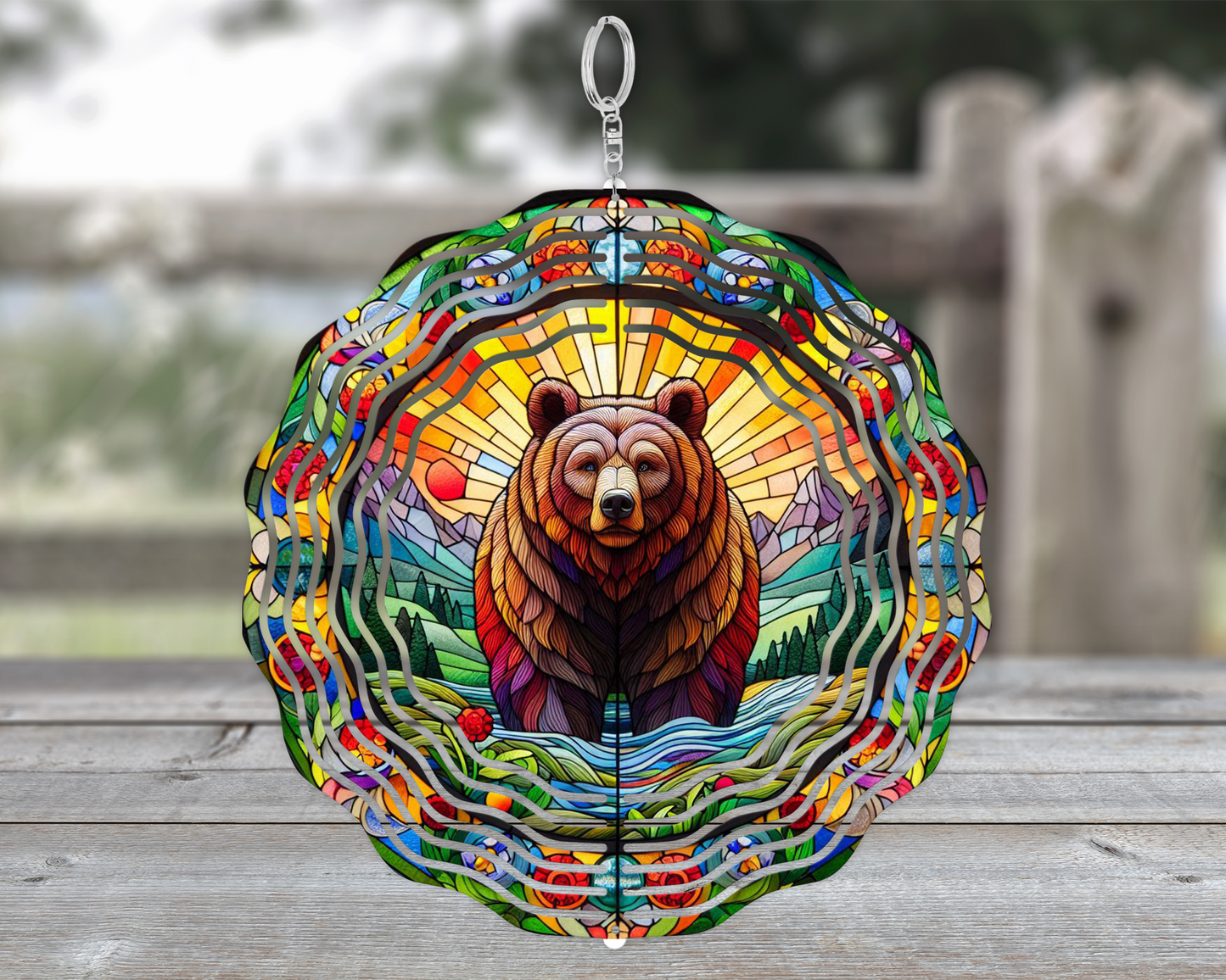Vibrant Mountain Landscape Wind Spinner with Bear Motif