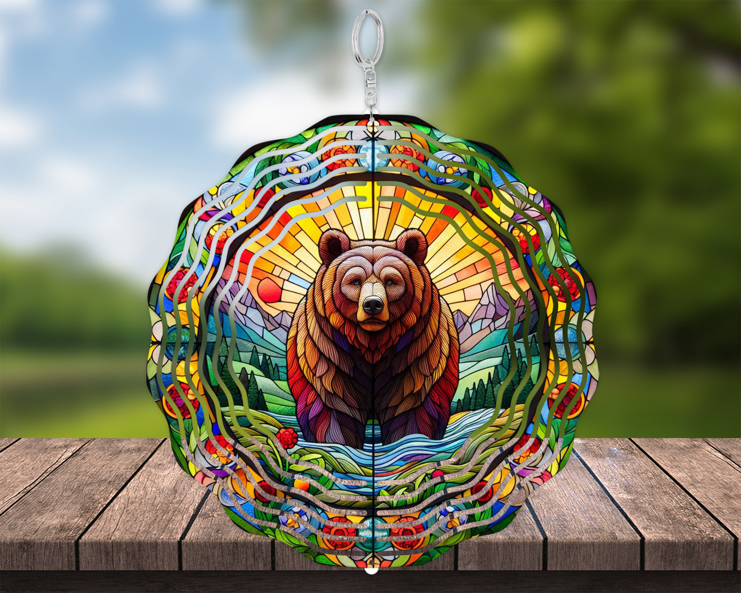 Handcrafted Brown Bear 3D Wind Spinner with Mountain Background