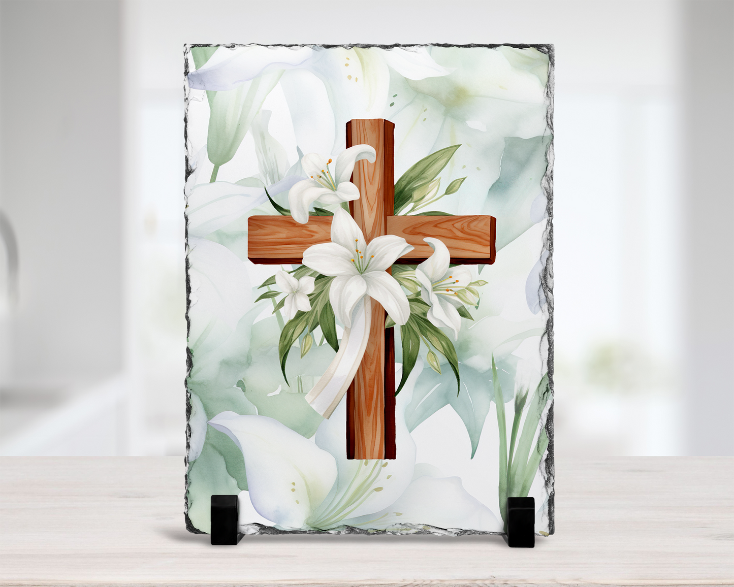Easter Lilies Cross Photo Slate - Religious Decorative Home Decor
