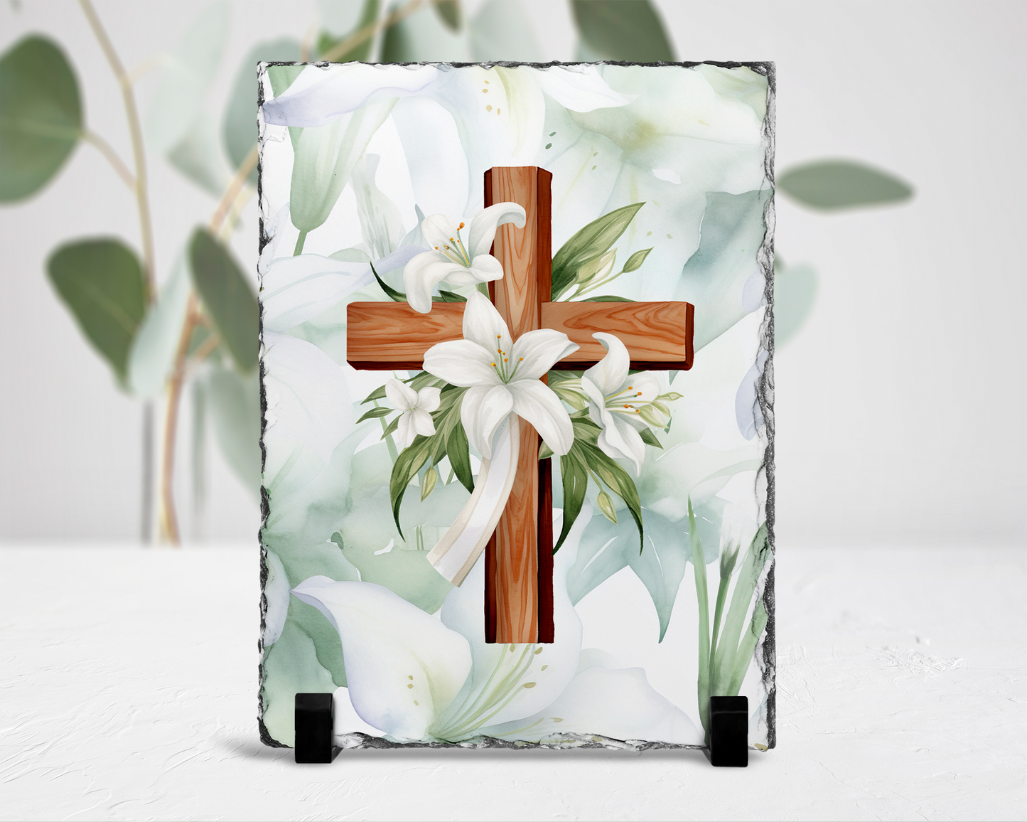 Easter Lilies Cross Photo Slate - Religious Decorative Home Decor