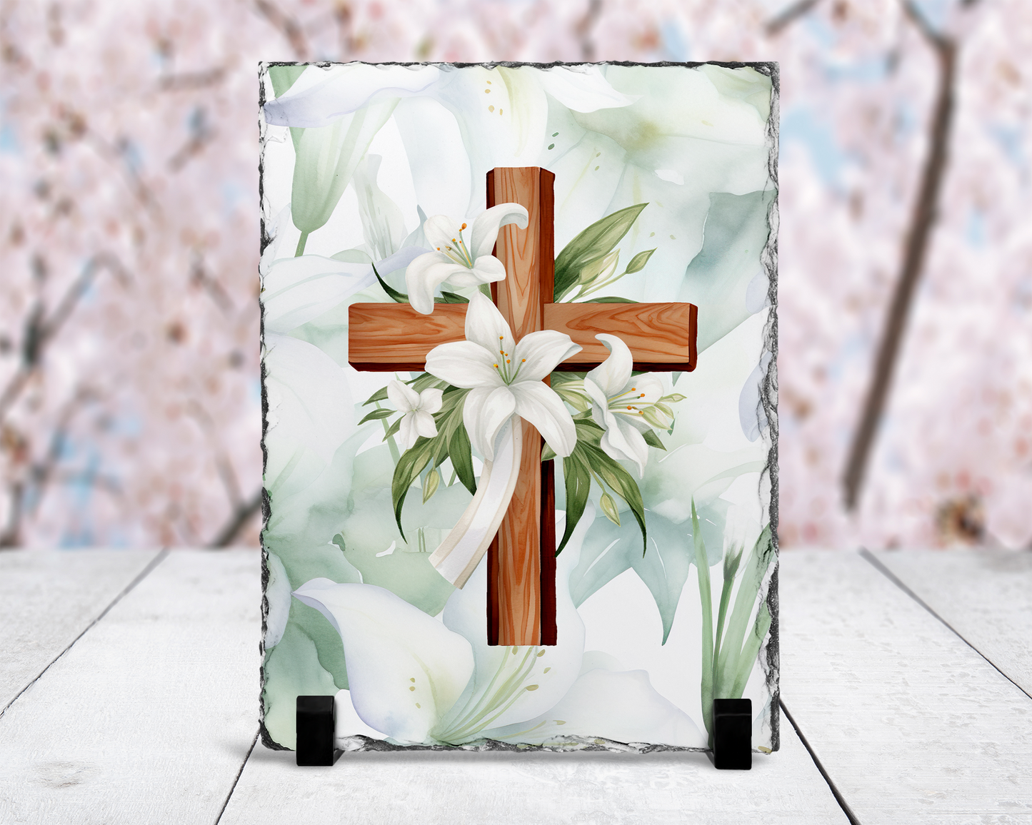 Easter Lilies Cross Photo Slate - Religious Decorative Home Decor