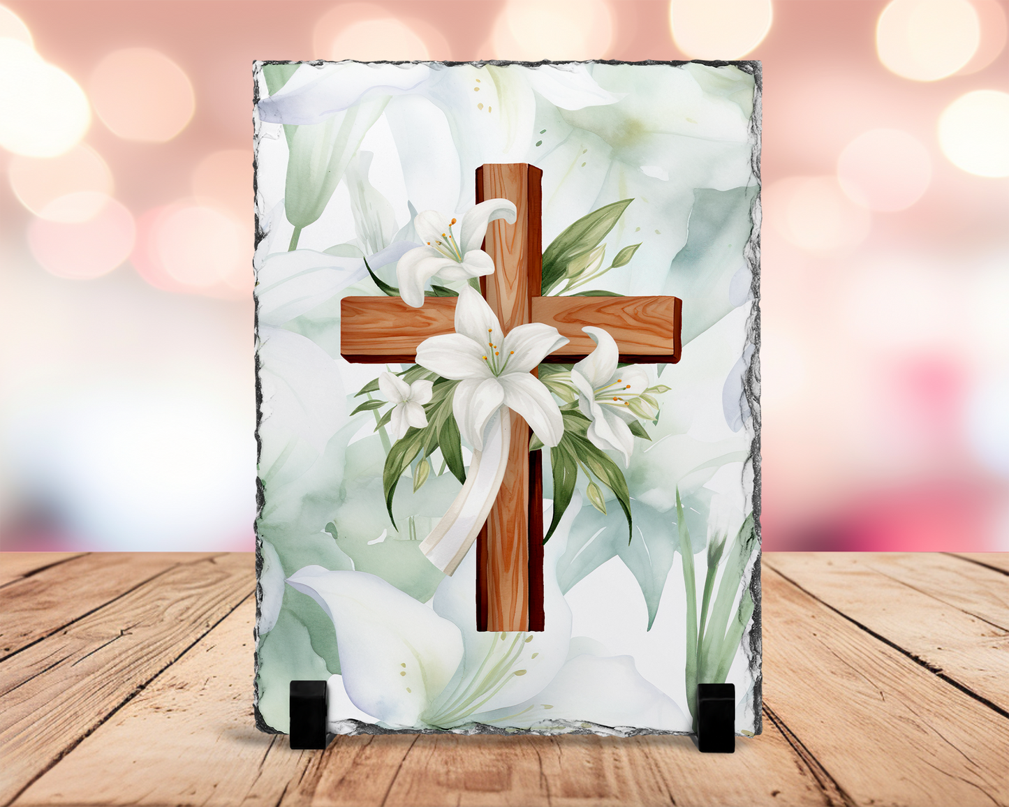 Easter Lilies Cross Photo Slate - Religious Decorative Home Decor
