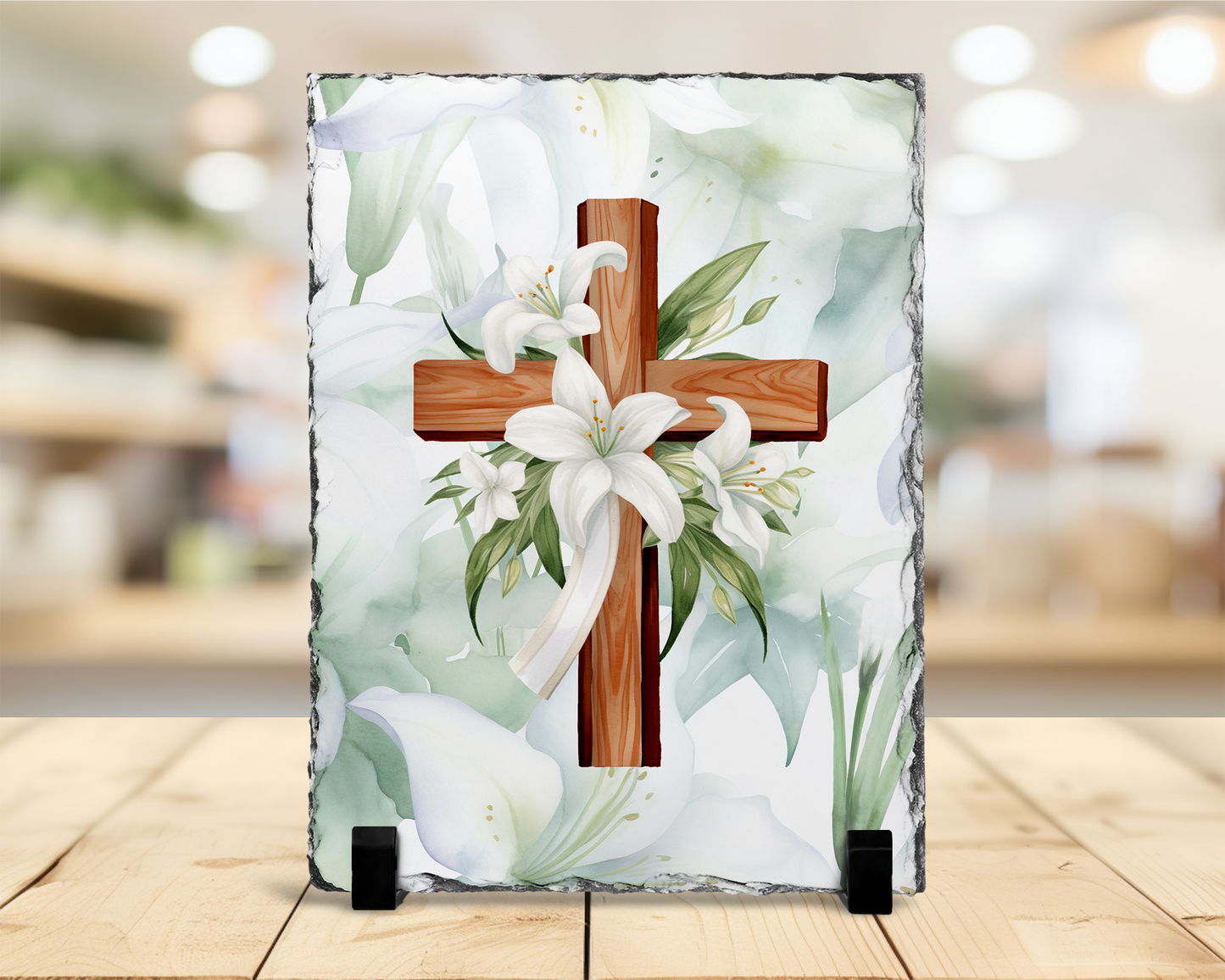Easter Lilies Cross Photo Slate - Religious Decorative Home Decor
