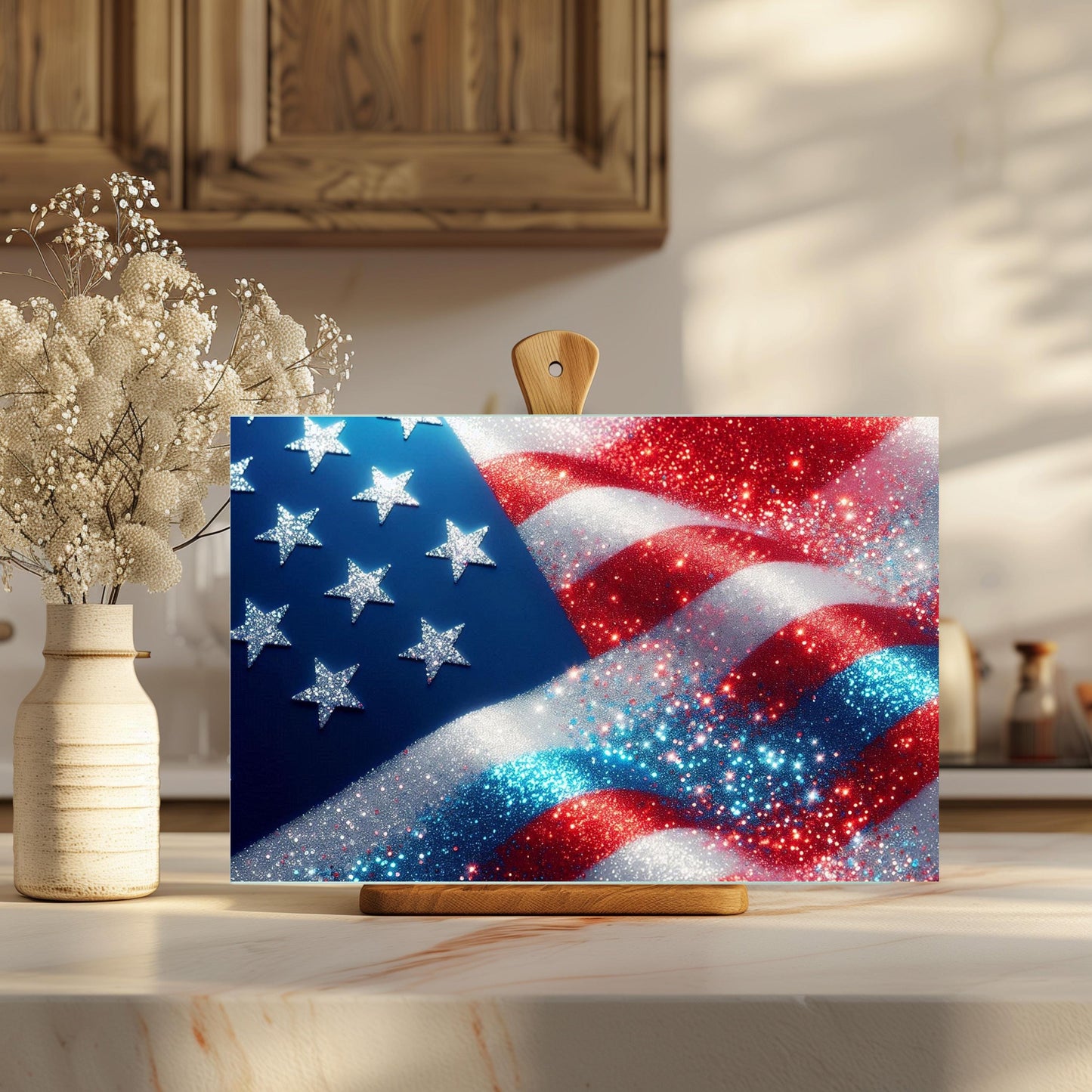 Patriotic Faux Glitter Cutting Board - Large Glass Kitchen Board for Hostess Gifts Countertop Decor