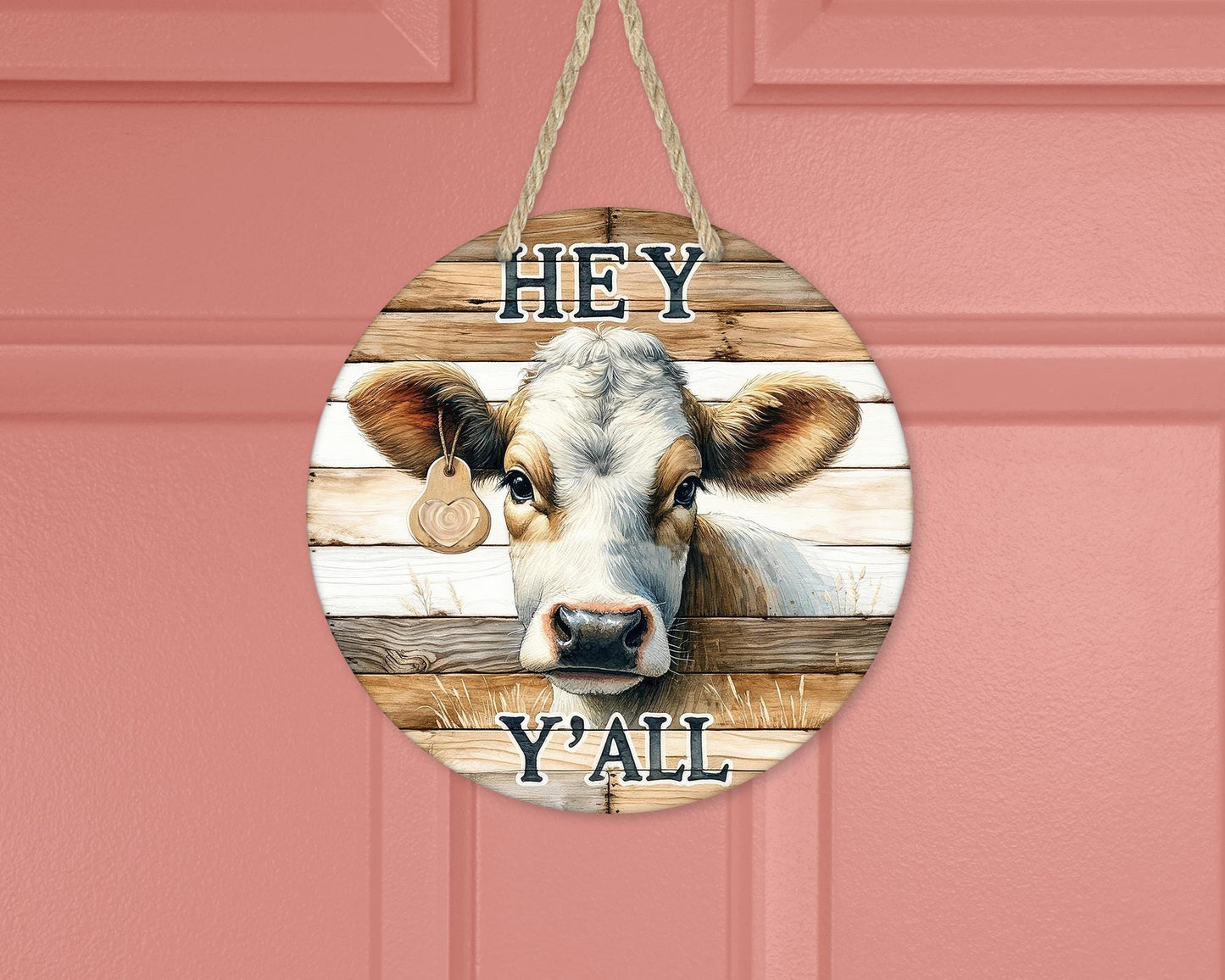 Farmhouse Round Door Wreath with Cow Decor Hey Yall Sign - Unique Gift for Cow Lovers Front Porch New Home Decor