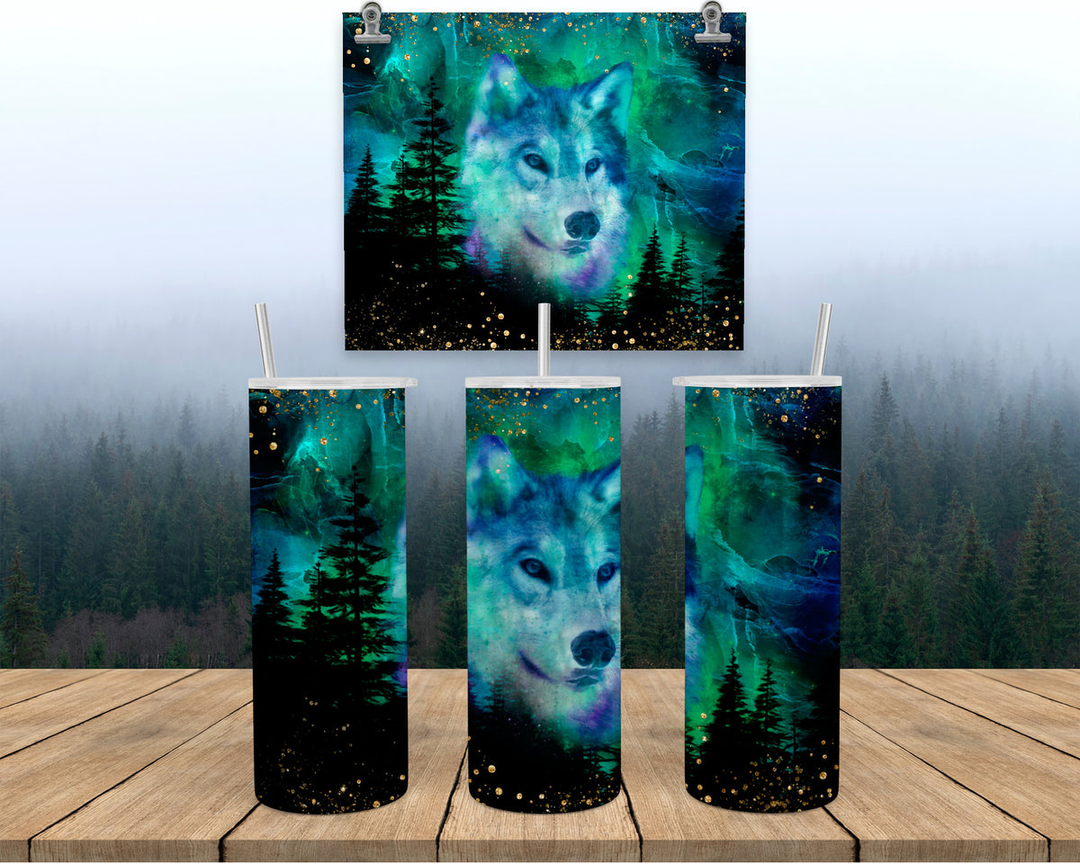 Wolf Tumbler, Aurora Borealis Travel Mug | Stainless Steel, 20Oz