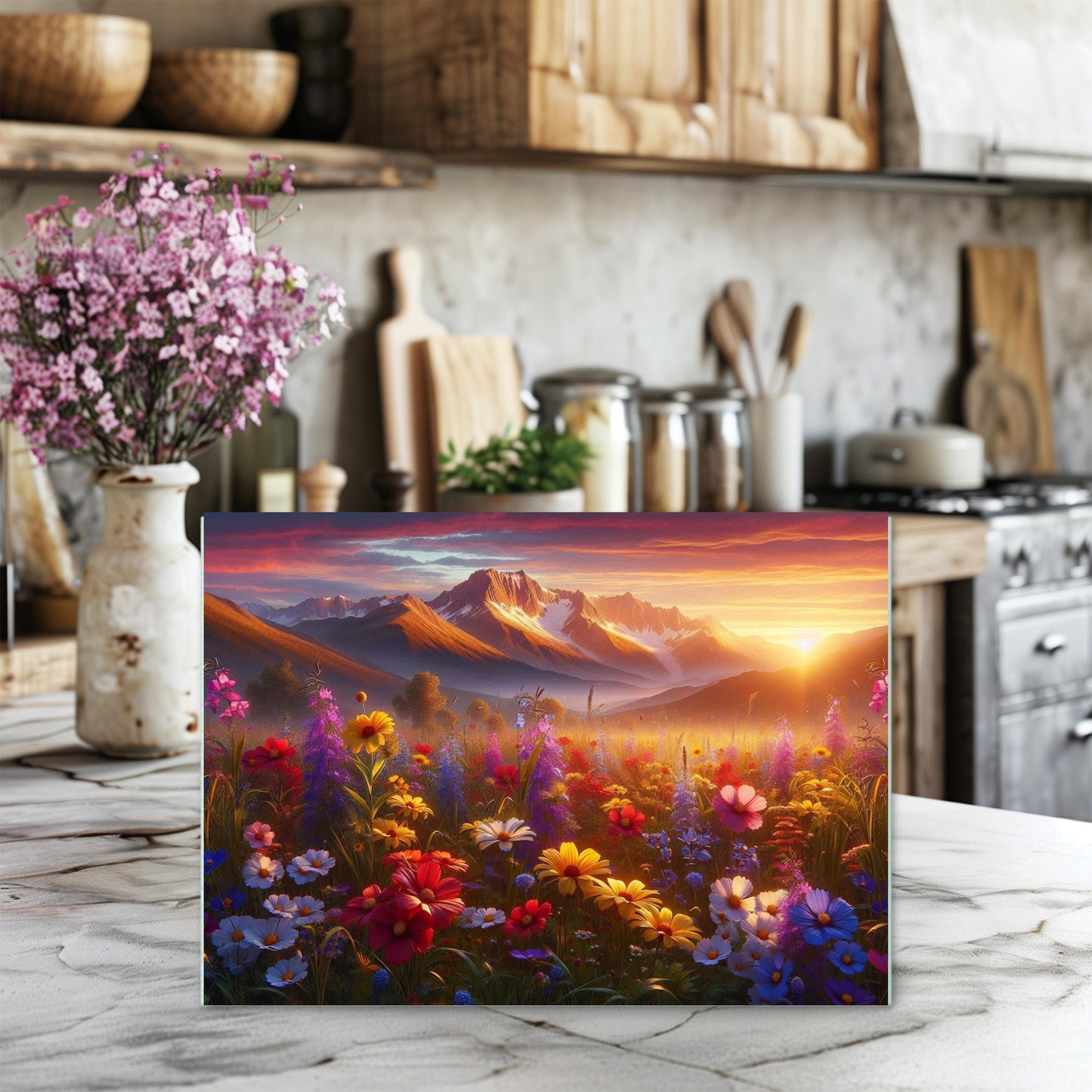Mountain Valley Sunset Cutting Board with Wildflowers Snow-Capped Peaks - Perfect Gift for Outdoor Lovers Hostess