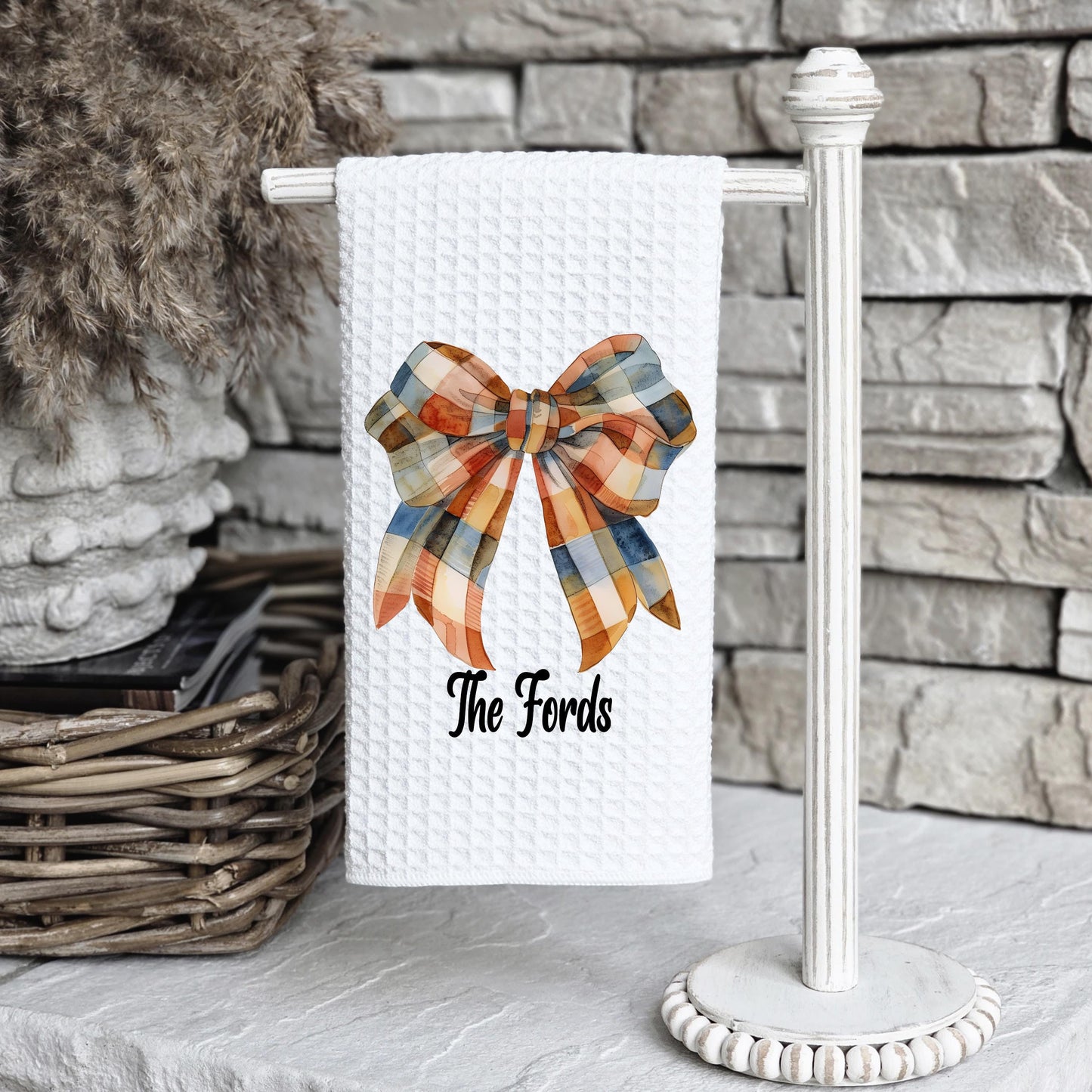 Personalized Gingham Bow Waffle Weave Towel - Custom Kitchen Decor Unique Autumn Gift for Her