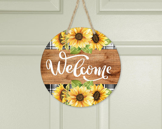 Aluminum Welcome Sign with Buffalo Plaid and Sunflowers - Unique Front Door Decor  Housewarming Gift