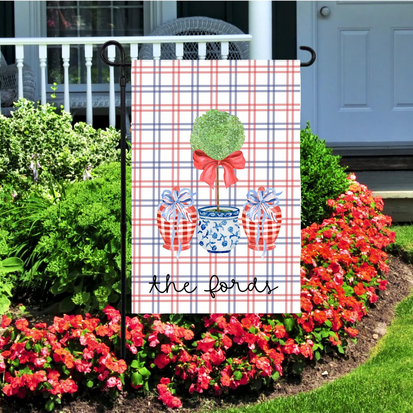 Custom 4th of July Garden Flag - Preppy Chinoiserie Topiary Design for Housewarming Gifts