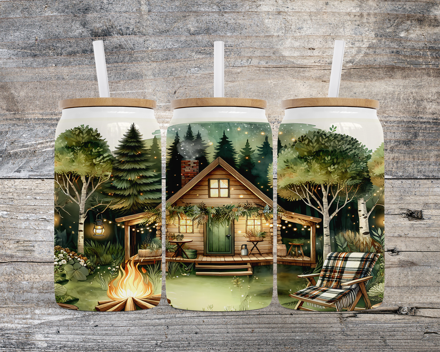 Nighttime Cabin Scene Soda Can, 16 oz Stainless Steel, Unique Gift for Camper, Outdoorsy Gift for Her, Travel Cup, Cold Beverage Cup, Iced