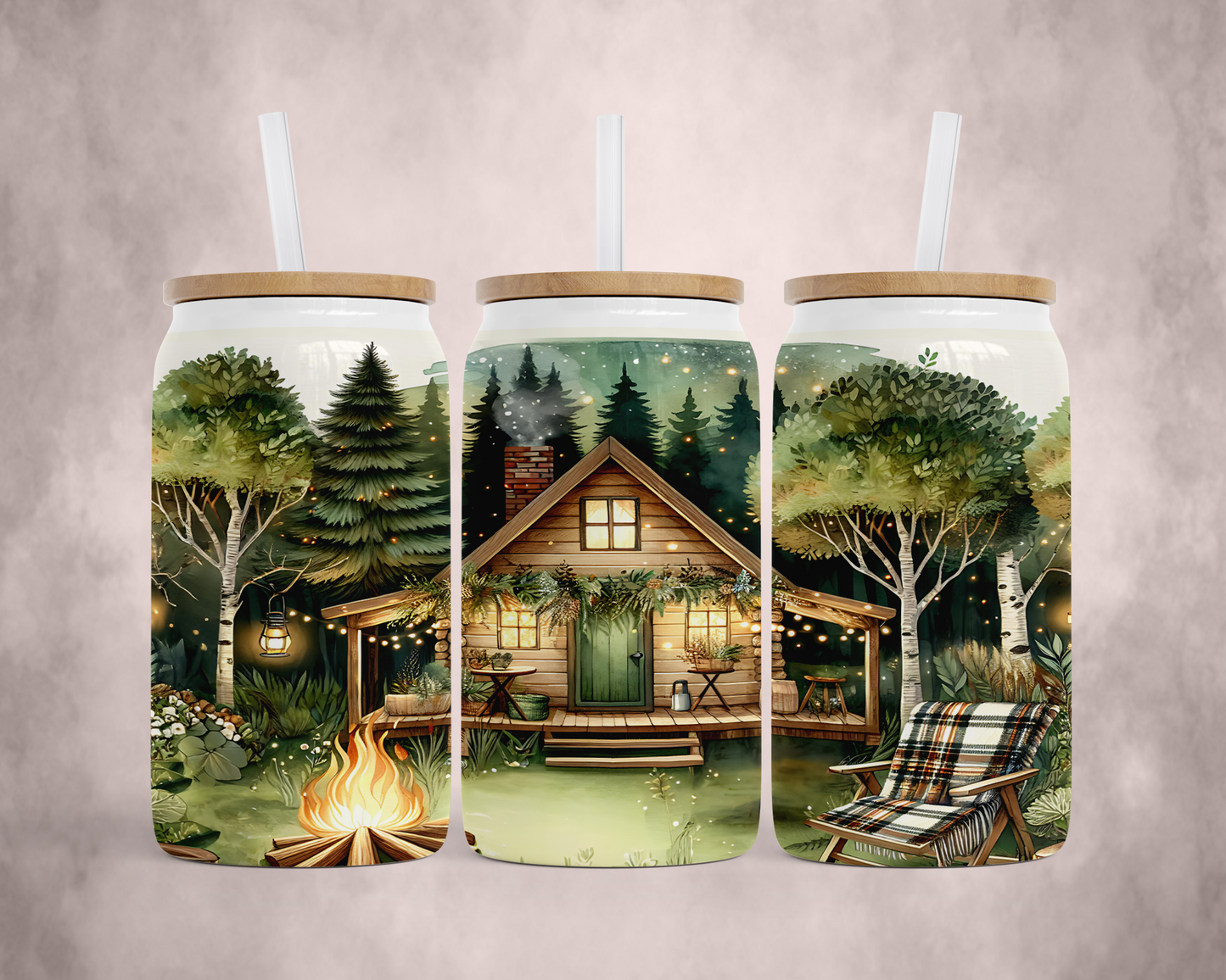 Nighttime Cabin Scene Soda Can, 16 oz Stainless Steel, Unique Gift for Camper, Outdoorsy Gift for Her, Travel Cup, Cold Beverage Cup, Iced