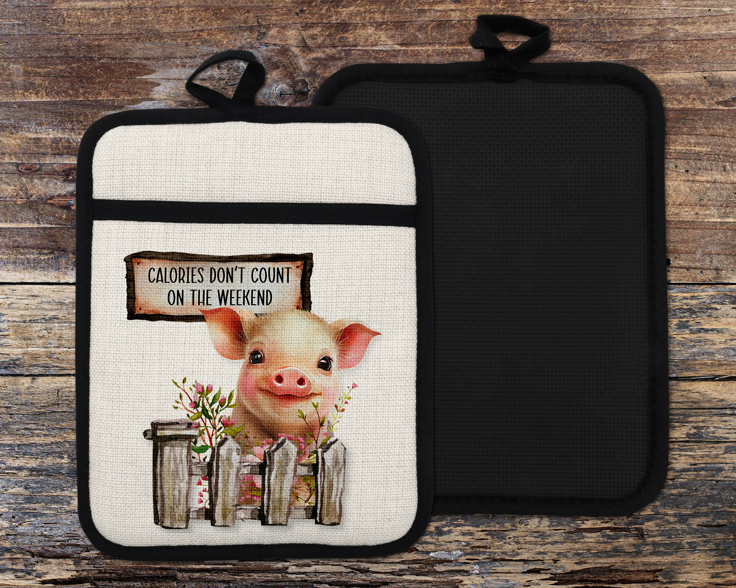 Funny Pig Oven Mitt, Farmgirl Gift, Calories Don't Count, Linen Oven Mitt, Christmas Gift for Mom