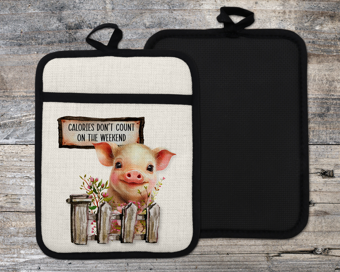 Funny Pig Oven Mitt, Farmgirl Gift, Calories Don't Count, Linen Oven Mitt, Christmas Gift for Mom