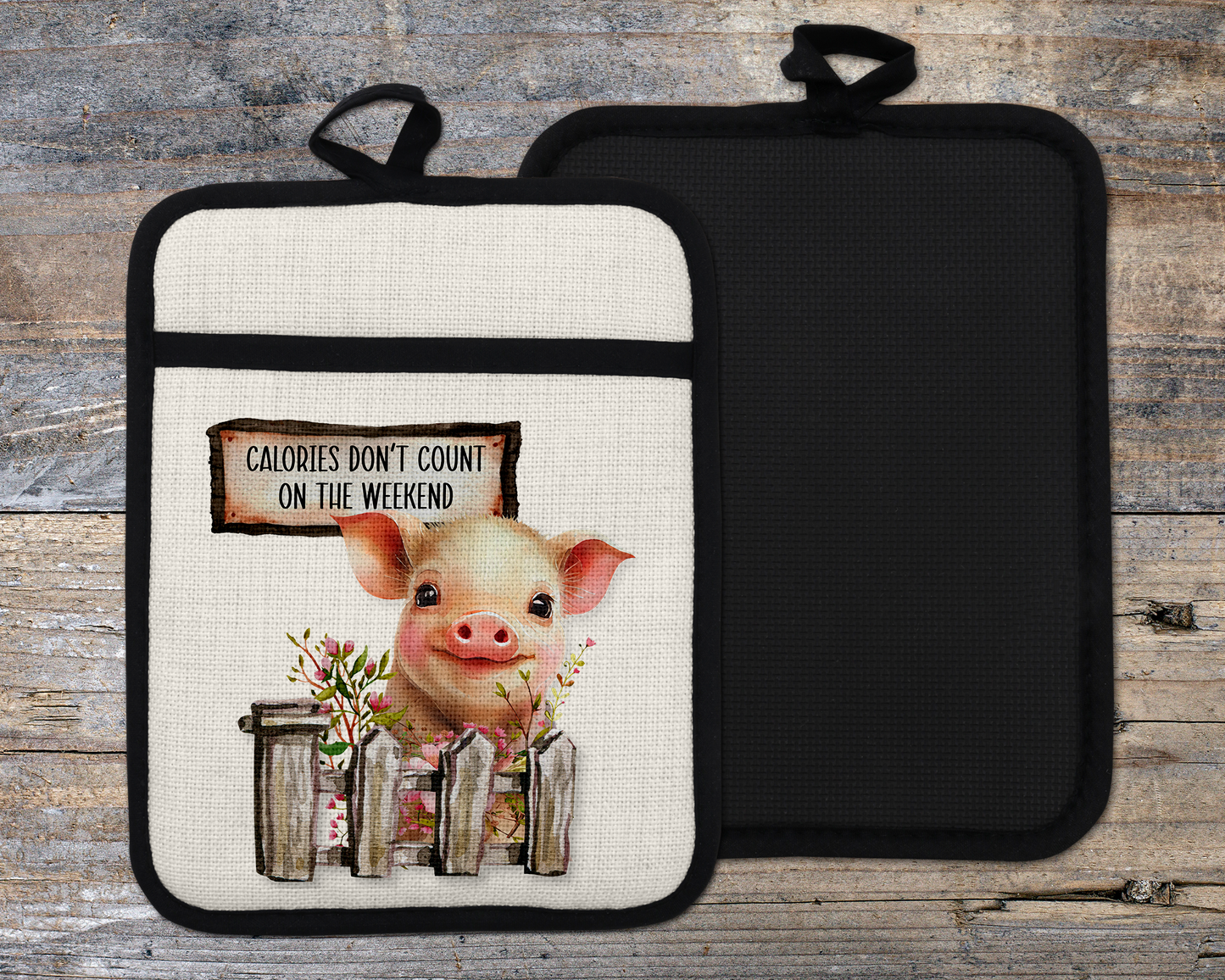 Funny Pig Oven Mitt, Farmgirl Gift, Calories Don't Count, Linen Oven Mitt, Christmas Gift for Mom