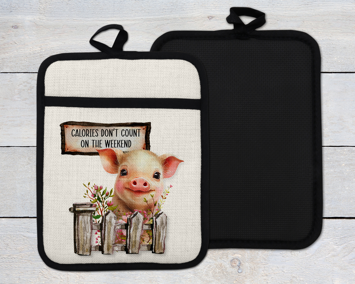 Funny Pig Oven Mitt, Farmgirl Gift, Calories Don't Count, Linen Oven Mitt, Christmas Gift for Mom