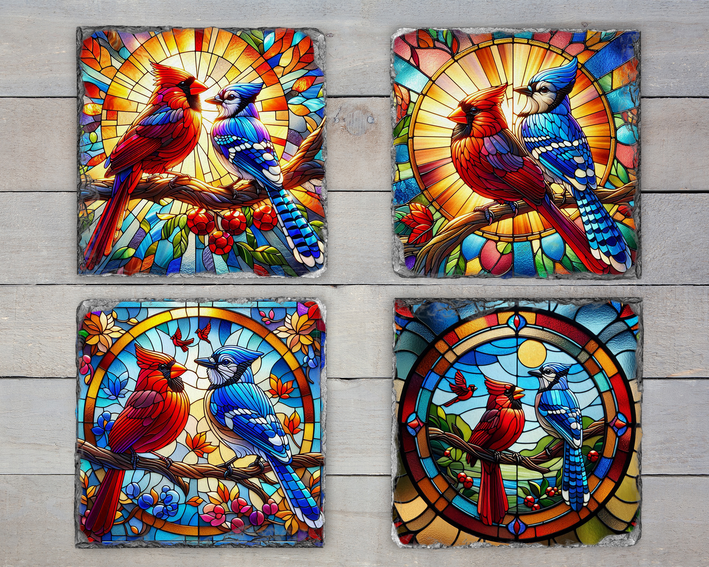 Faux Stained Glass Cardinal and Blue Jay Coaster Set of 4 on Slate