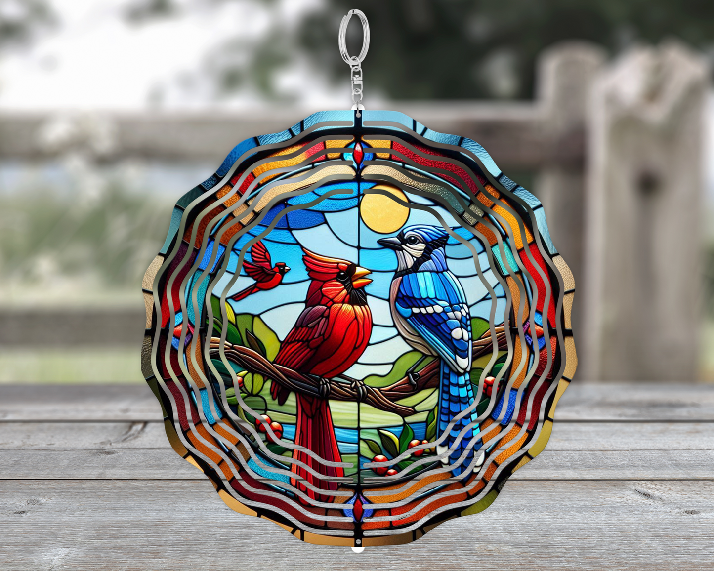 Colorful Cardinal and Blue Jay Faux Stained Glass Wind Spinner