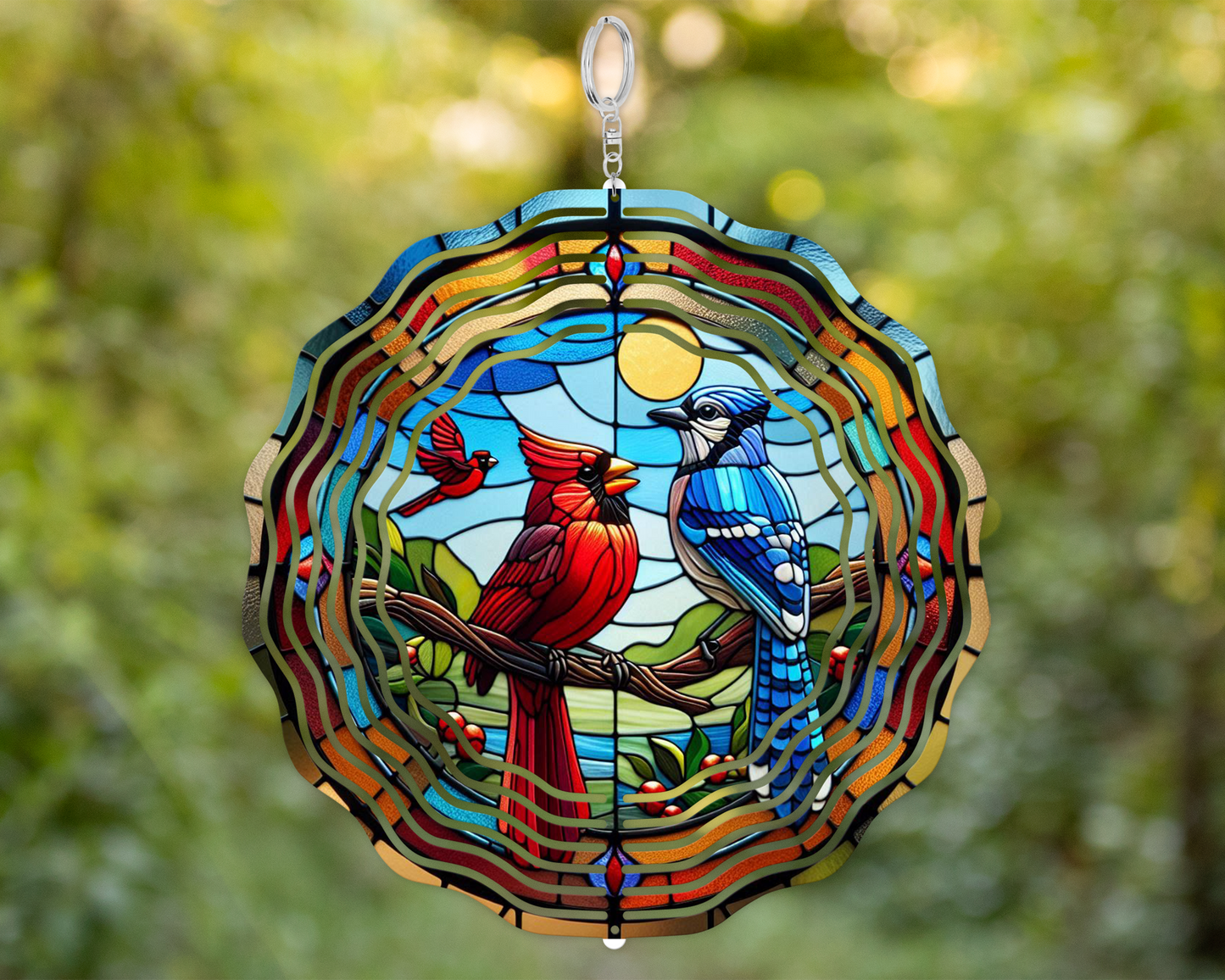 Colorful Cardinal and Blue Jay Faux Stained Glass Wind Spinner