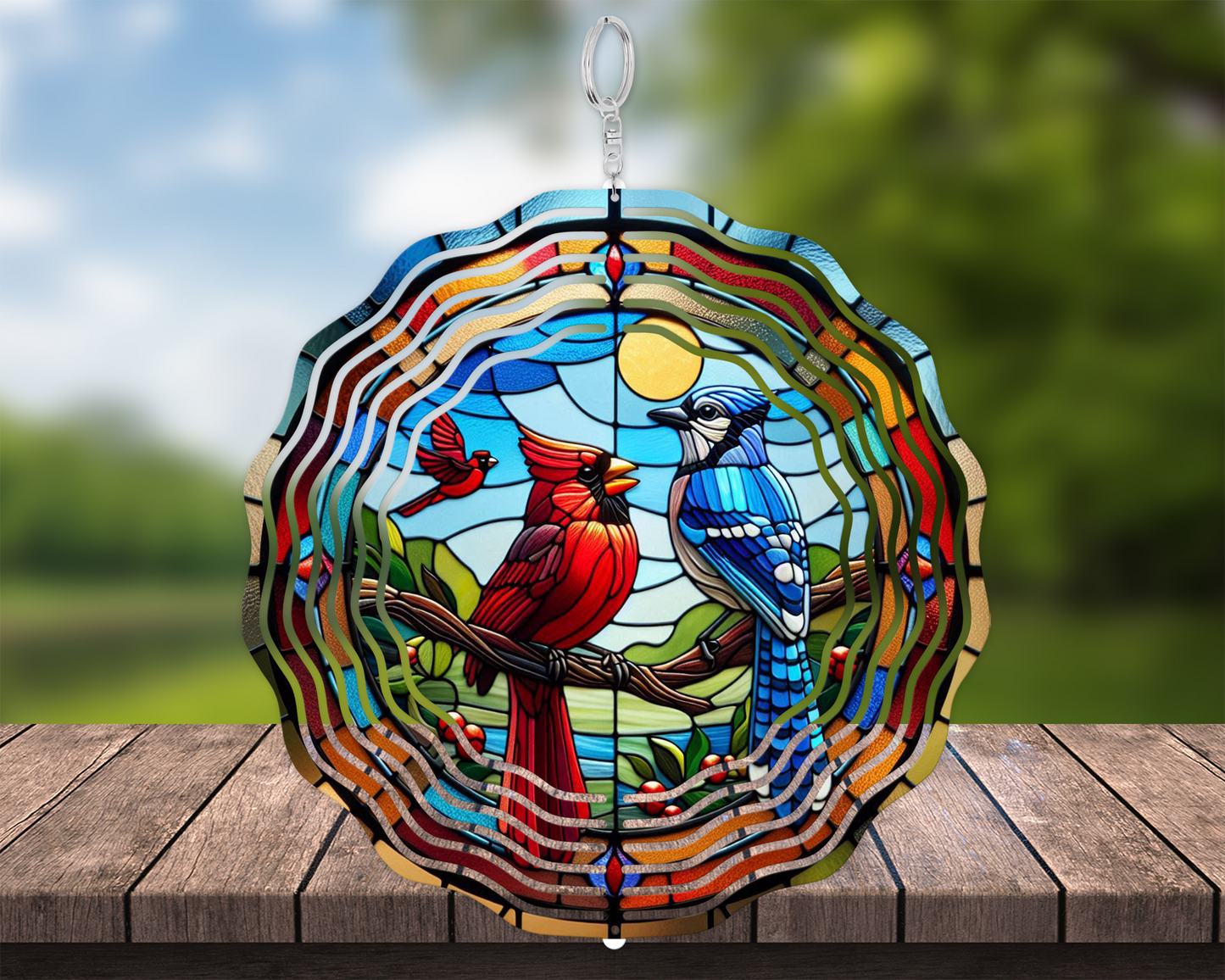Colorful Cardinal and Blue Jay Faux Stained Glass Wind Spinner