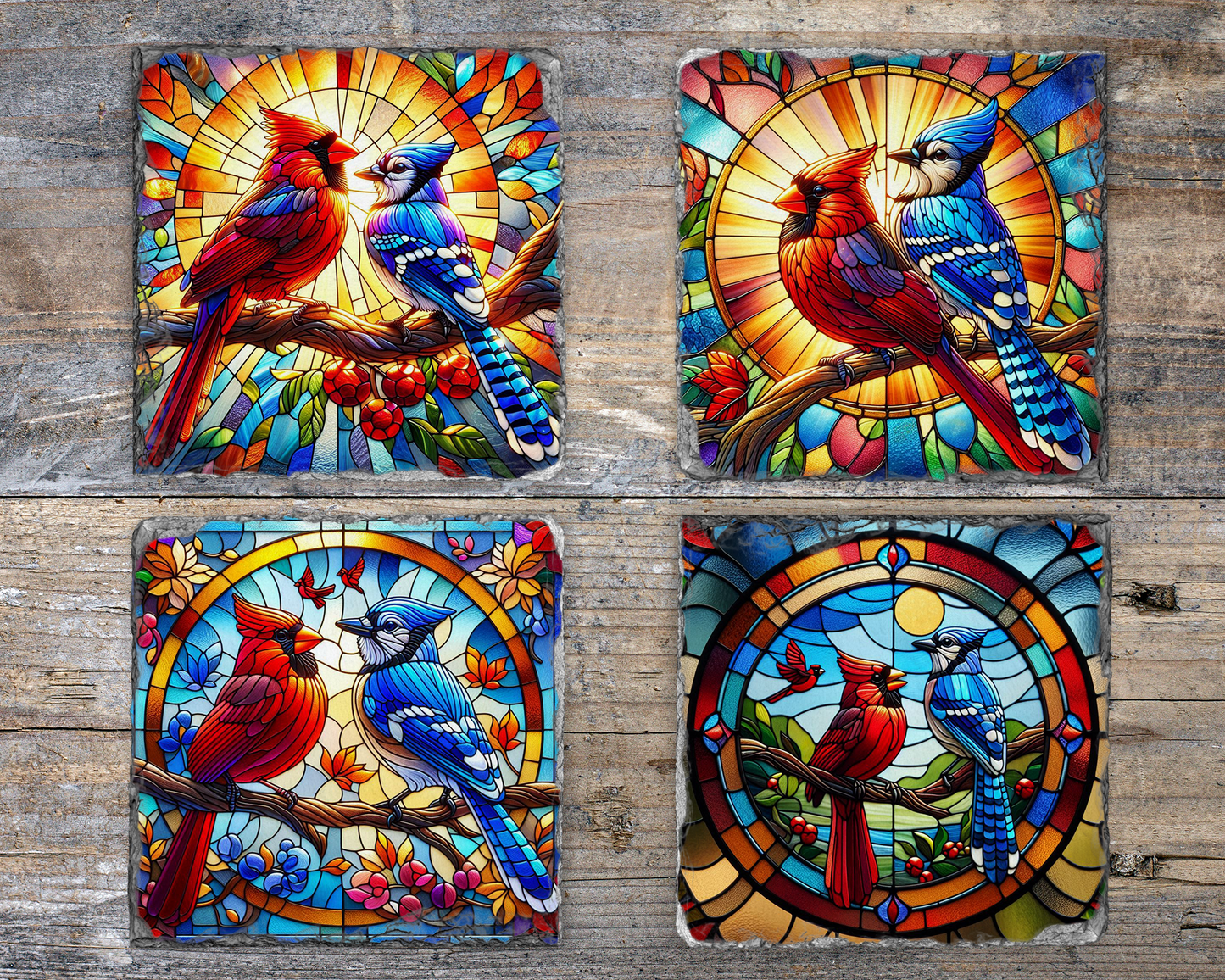 Nature Inspired Slate Coasters - Set of 4 with Unique Cardinal & Blue Jay Design