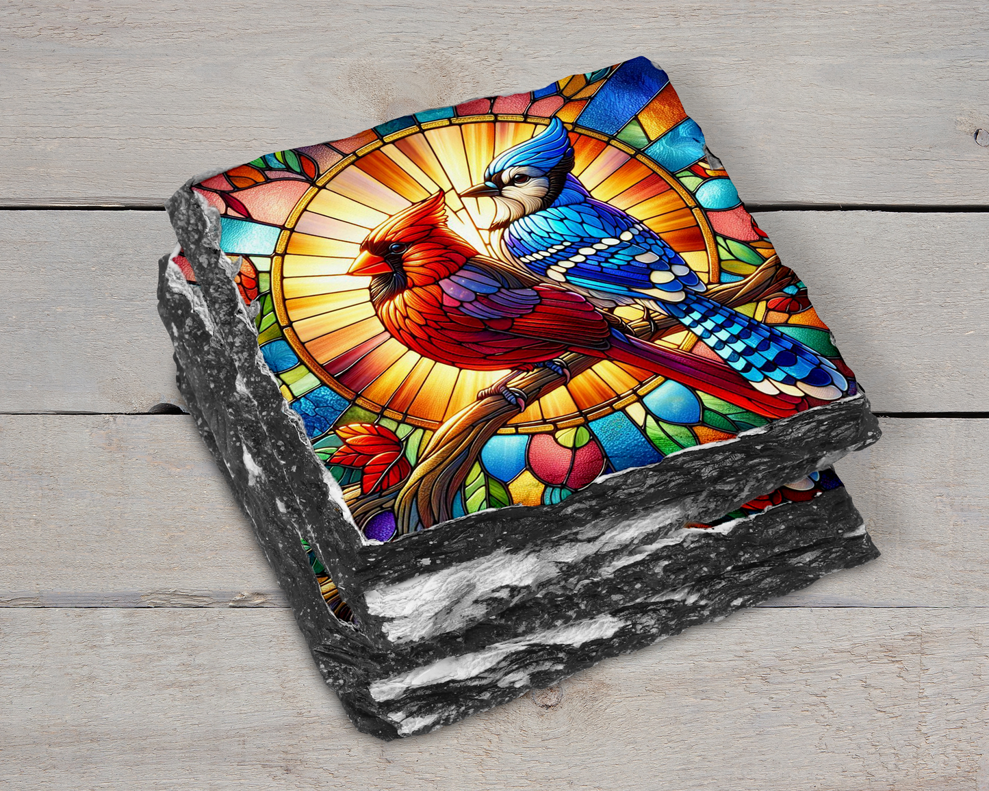 Nature Inspired Slate Coasters - Set of 4 with Unique Cardinal & Blue Jay Design