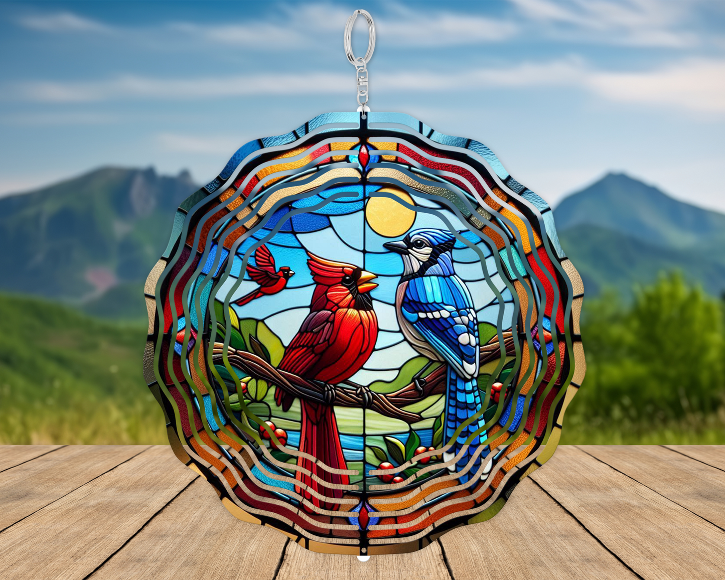 Colorful Cardinal and Blue Jay Faux Stained Glass Wind Spinner