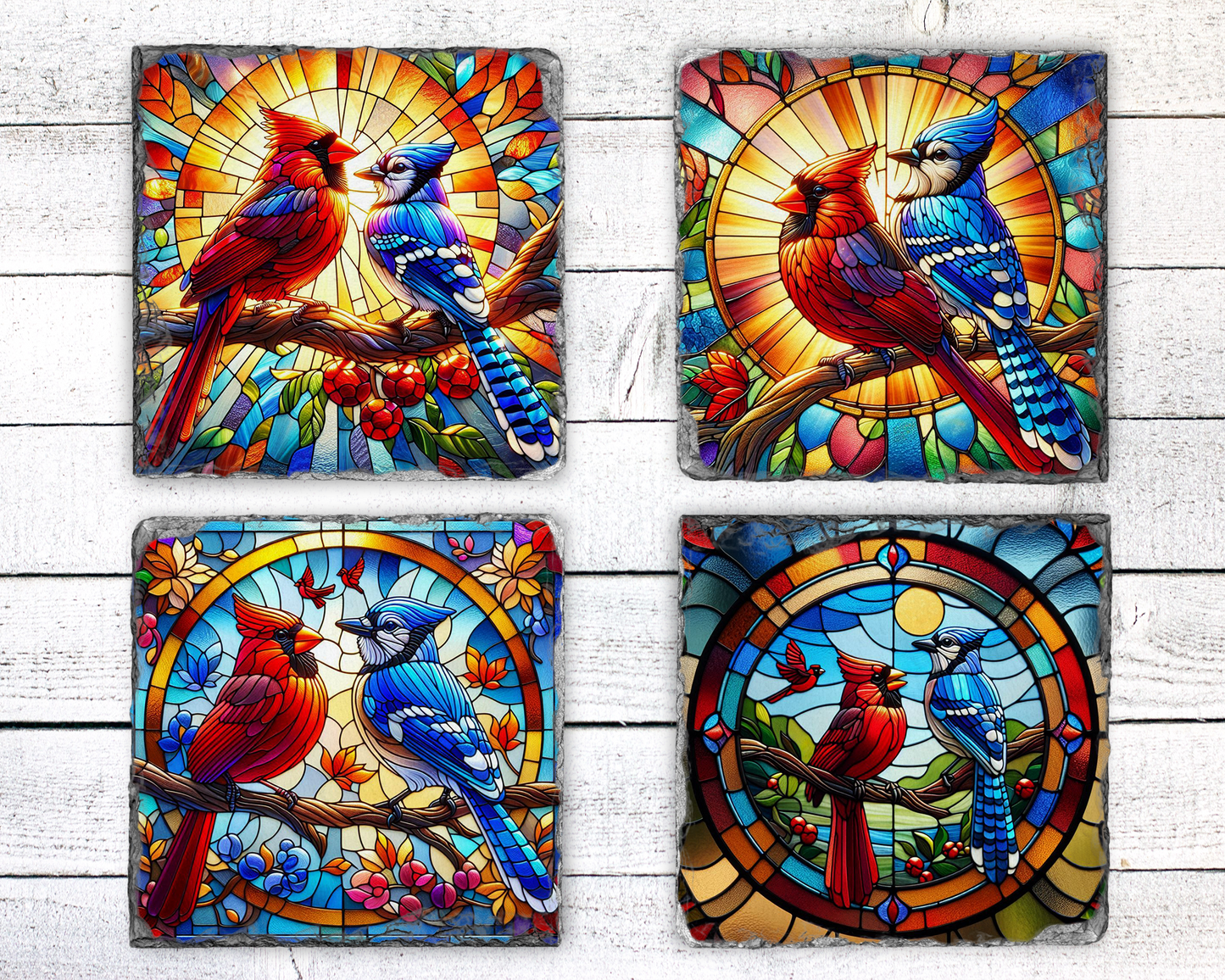 Faux Stained Glass Cardinal and Blue Jay Coaster Set of 4 on Slate