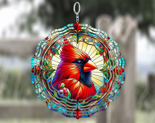 Cardinal Faux Stained Glass Wind Spinner - Colorful 3D Aluminum Garden Art