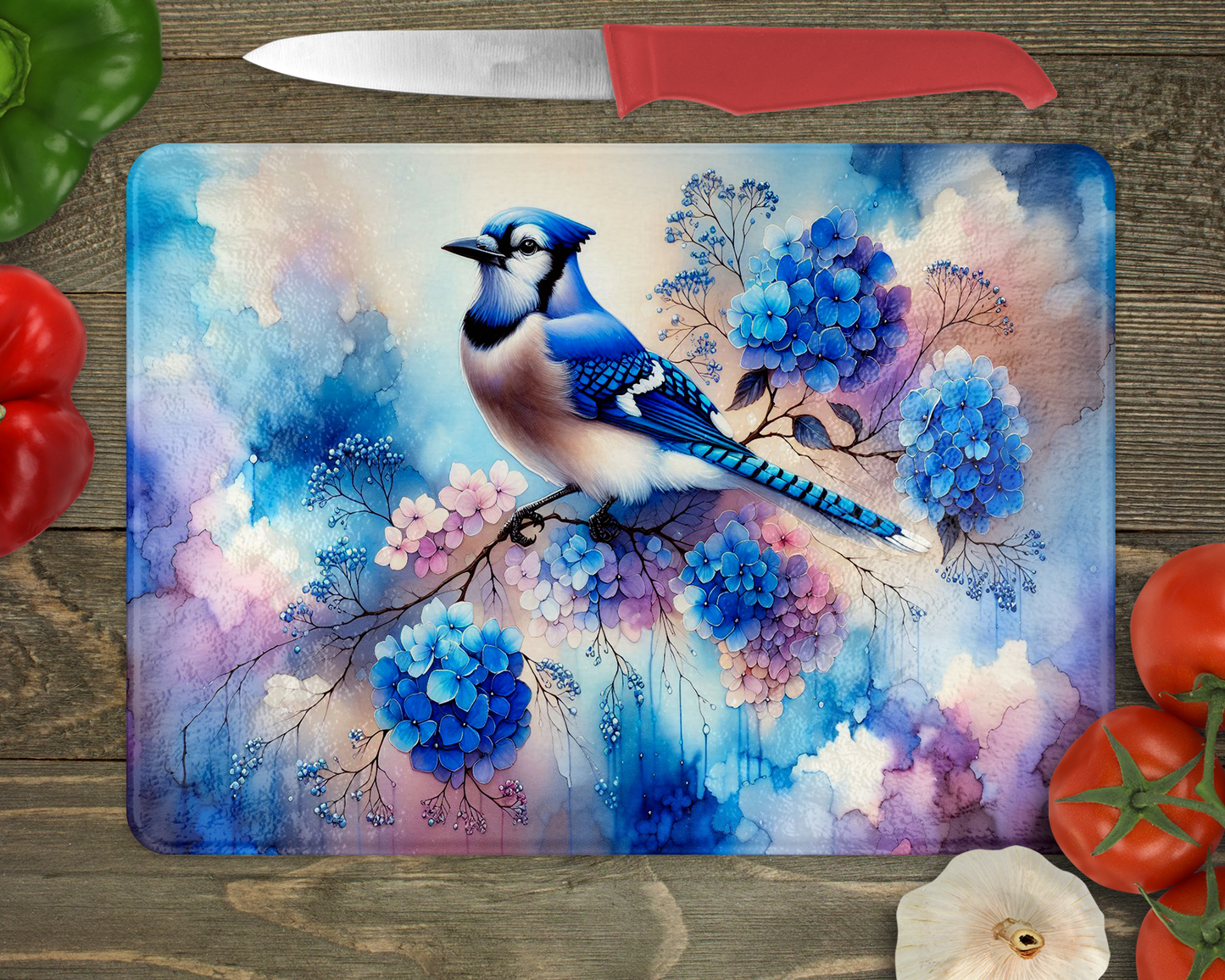 Blue Jay Glass Cutting Board with Hydrangea Tree Branch Design