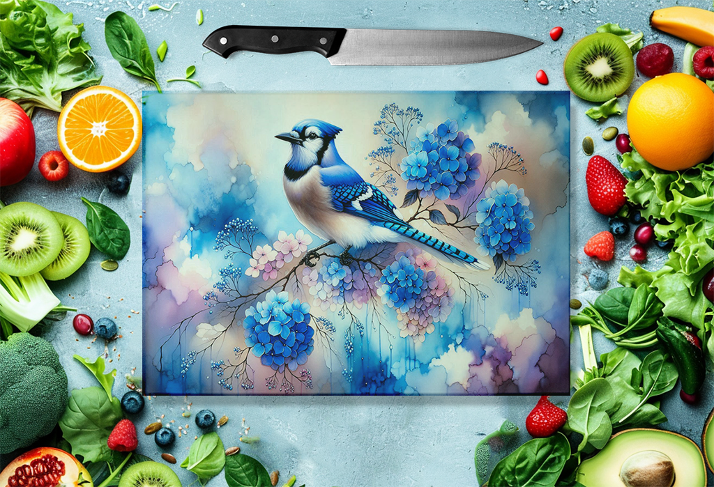 Blue Jay Glass Cutting Board with Hydrangea Tree Branch Design