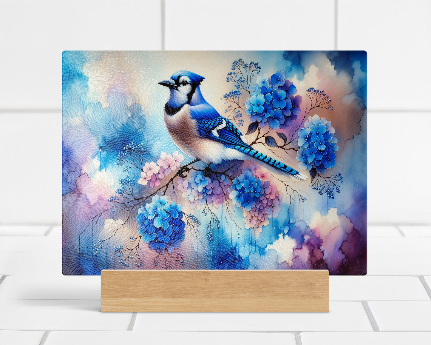 Blue Jay Glass Cutting Board with Hydrangea Tree Branch Design