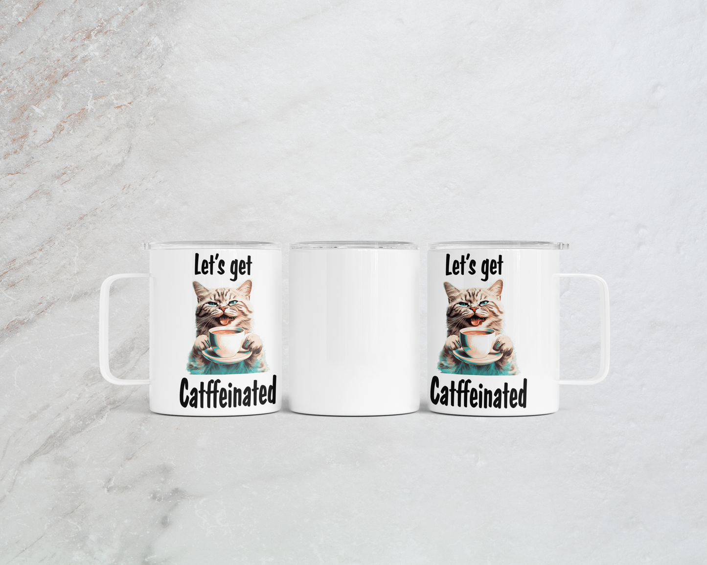 Happy Cat Stainless Steel Coffee Mug - 12 oz with Slide Lid - Catffeinated Theme