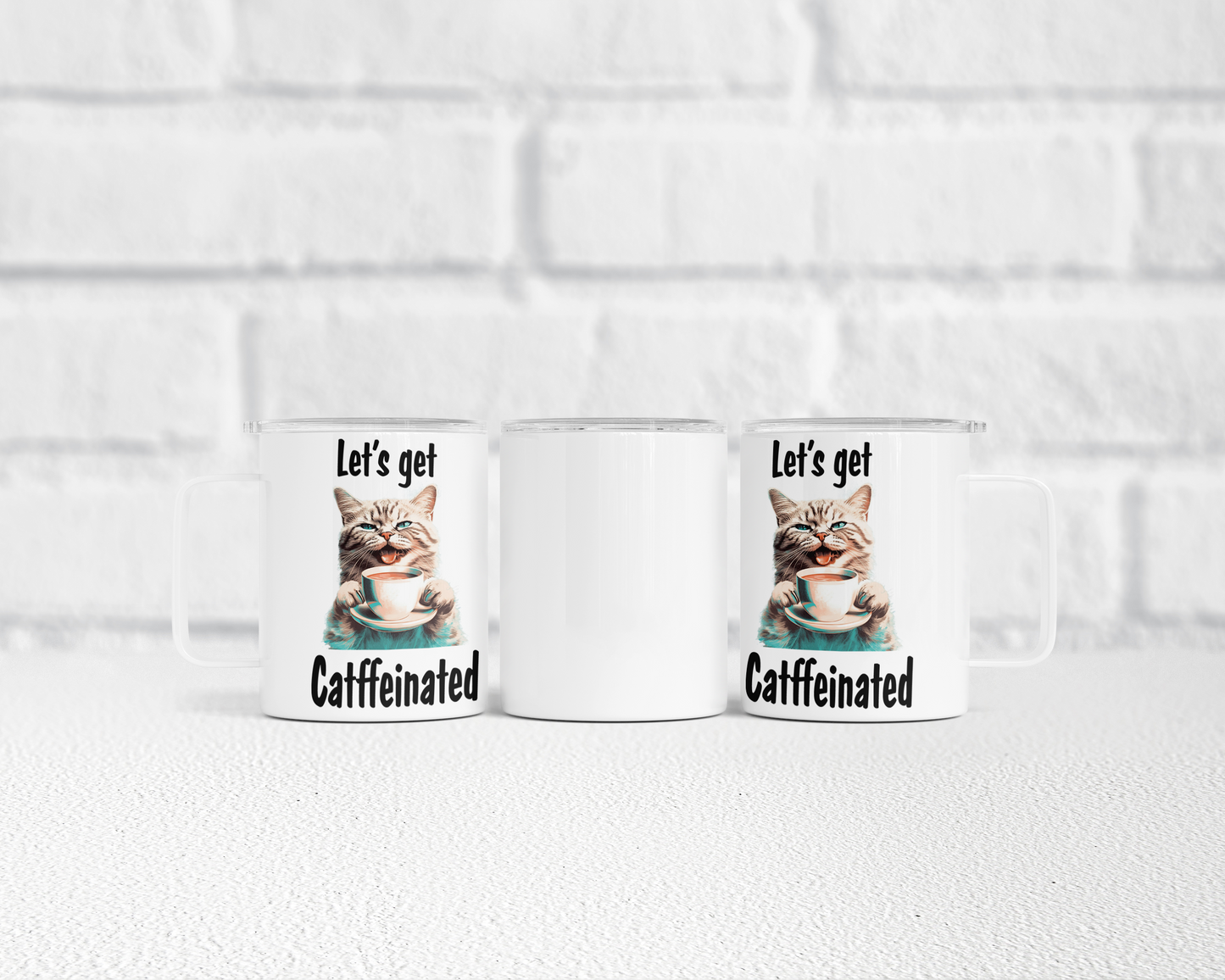 Funny Cat Coffee Mug, 12 oz Stainless Steel, 'Let's get Catffeinated' Design
