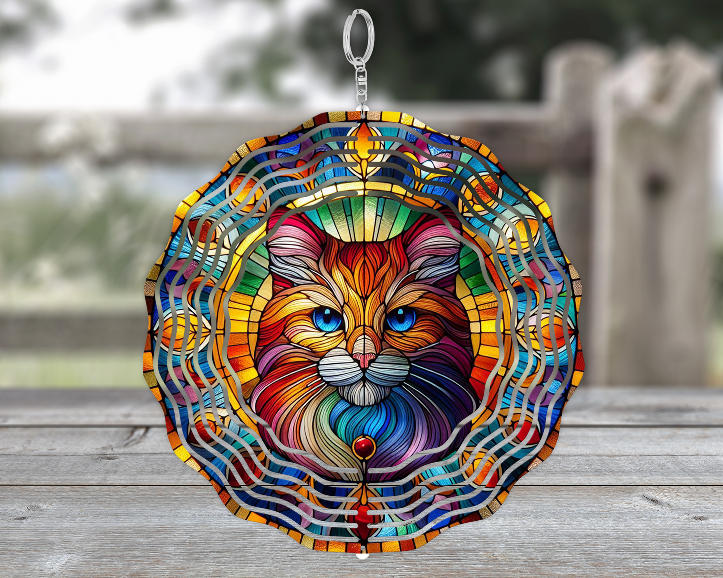 Colorful Faux Stained Glass Wind Spinner with Cat Image