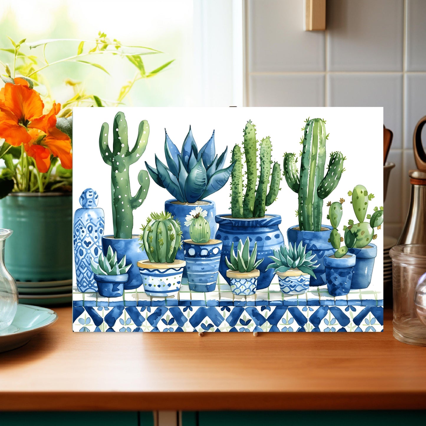 Cactus Glass Cutting Board - 11x15 Tempered Kitchen Art Vibrant Botanical Counter Decor