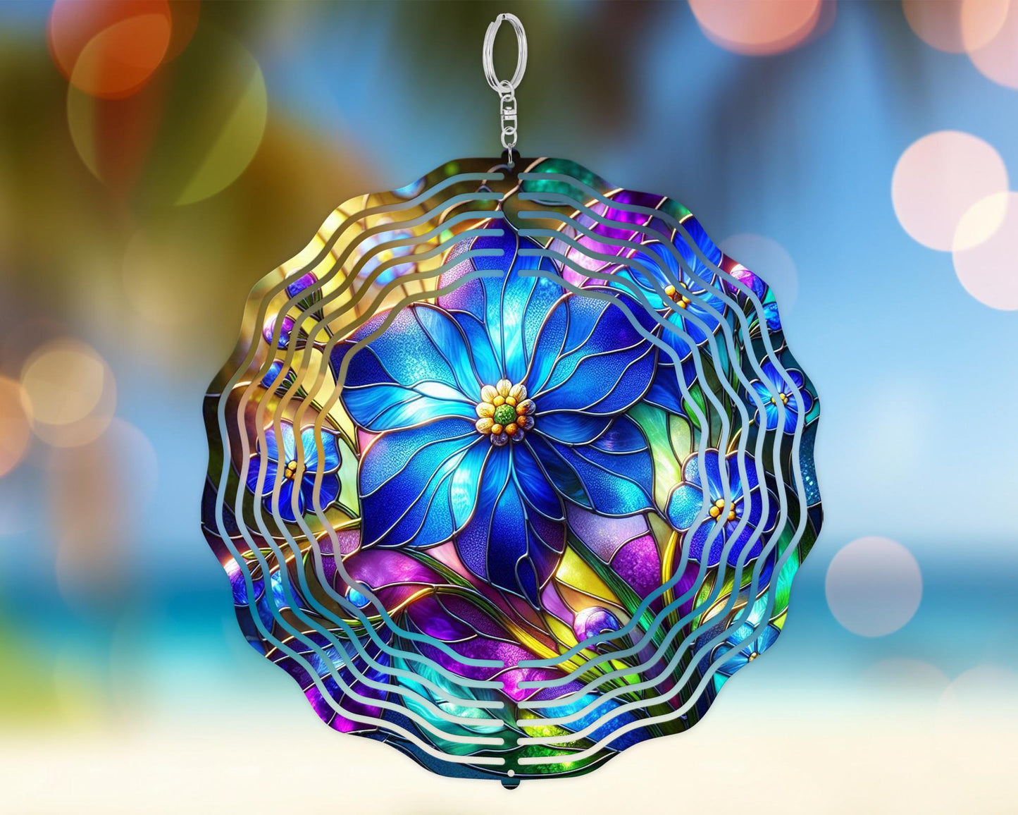 10-Inch Aluminum Forget-Me-Not Flower Spinner - Colorful Faux Stained Glass Garden Decor