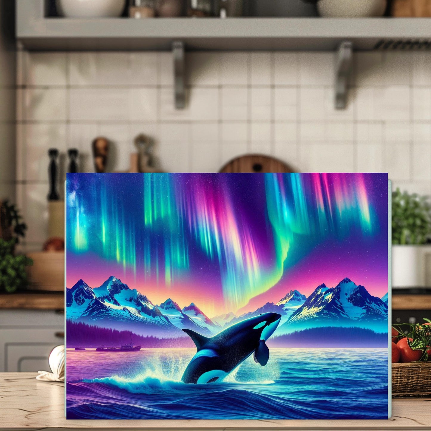Orca Breach Tempered Glass Cutting Board 11x15 Kitchen Art with Northern Lights and Colorful Ocean Wildlife - Perfect Hostess Gift