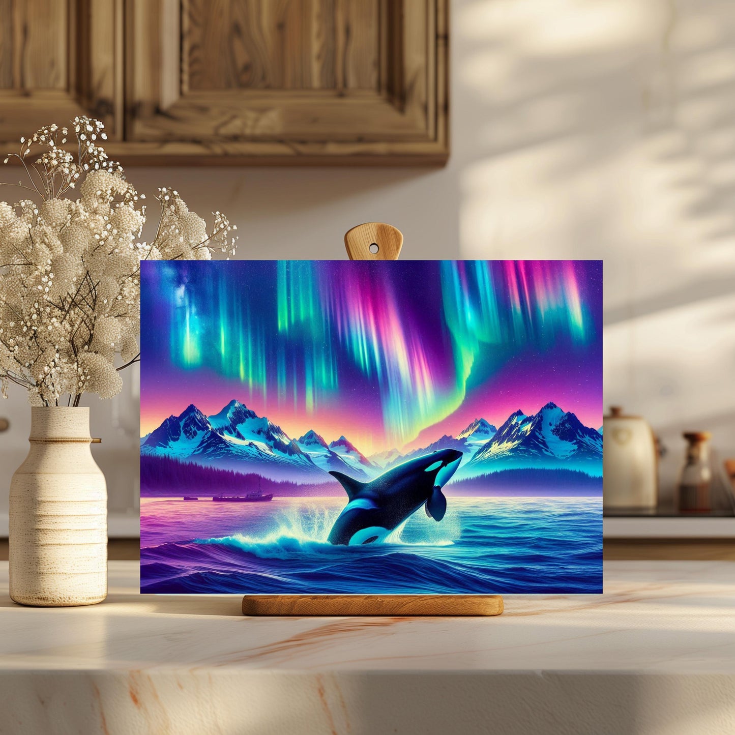 Orca Breach Tempered Glass Cutting Board 11x15 Kitchen Art with Northern Lights and Colorful Ocean Wildlife - Perfect Hostess Gift