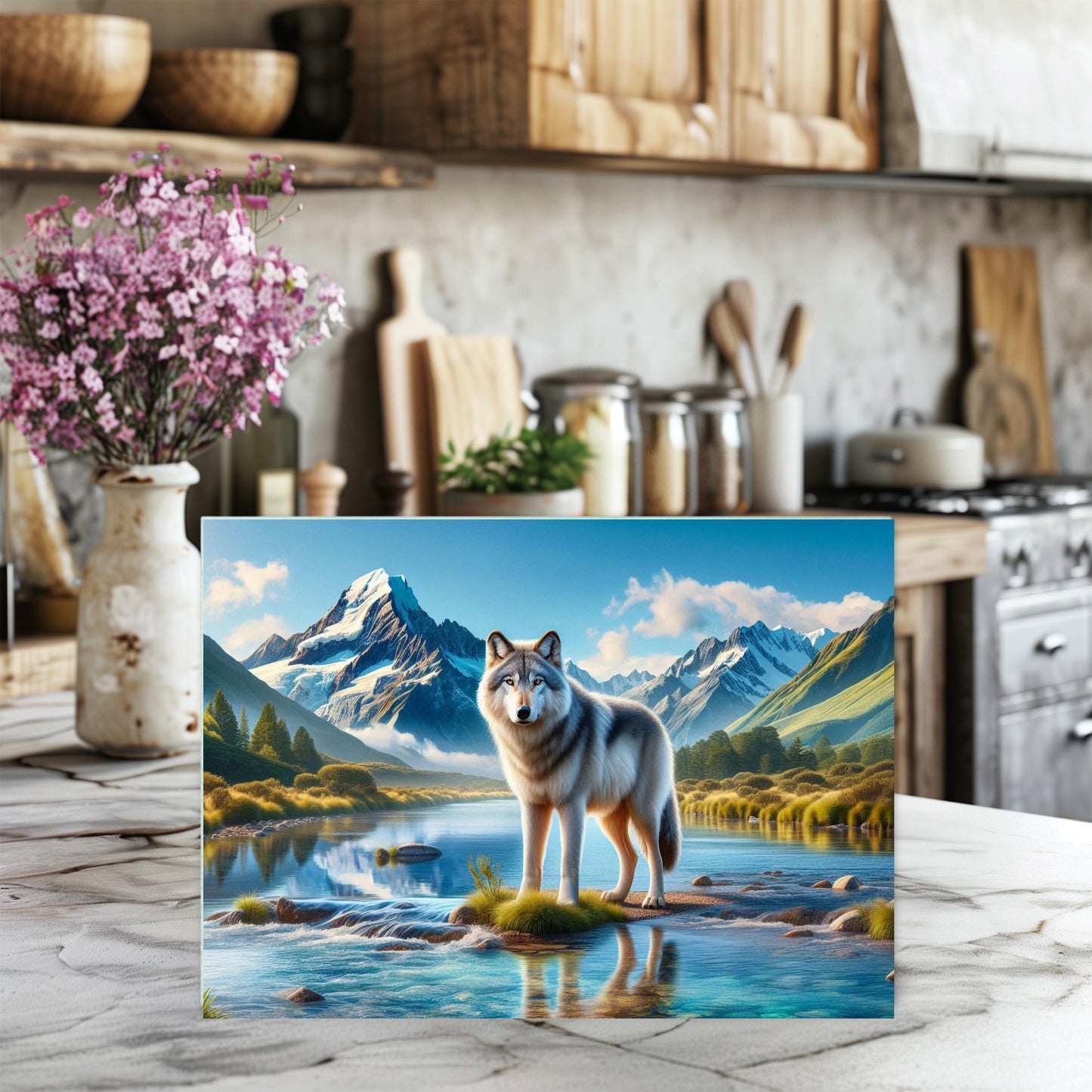 Wolf Art Cutting Board with Snow Capped Mountains Perfect Gift for Nature Lovers