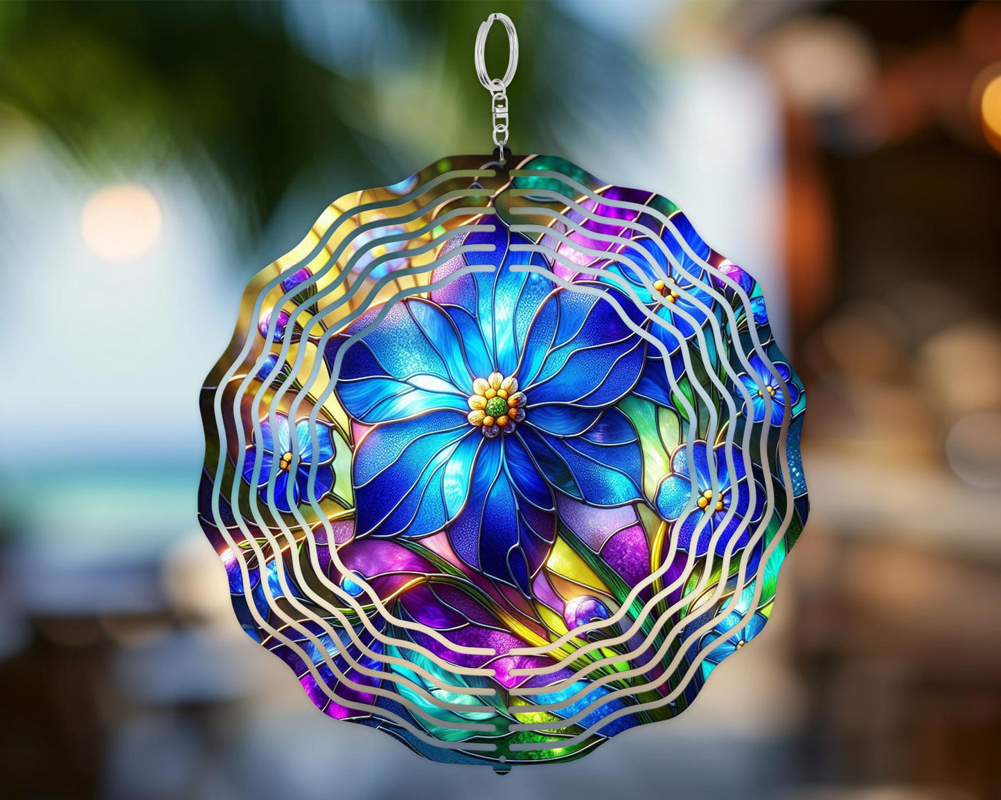 10-Inch Aluminum Forget-Me-Not Flower Spinner - Colorful Faux Stained Glass Garden Decor