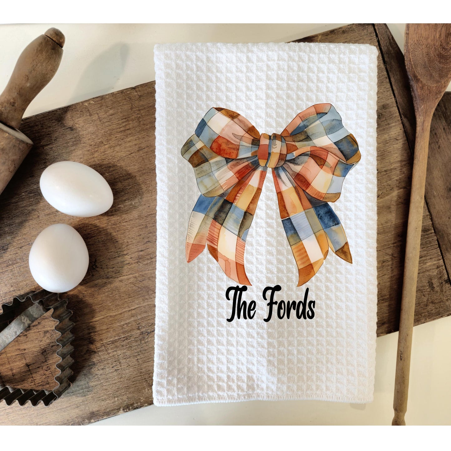 Personalized Gingham Bow Waffle Weave Towel - Custom Kitchen Decor Unique Autumn Gift for Her