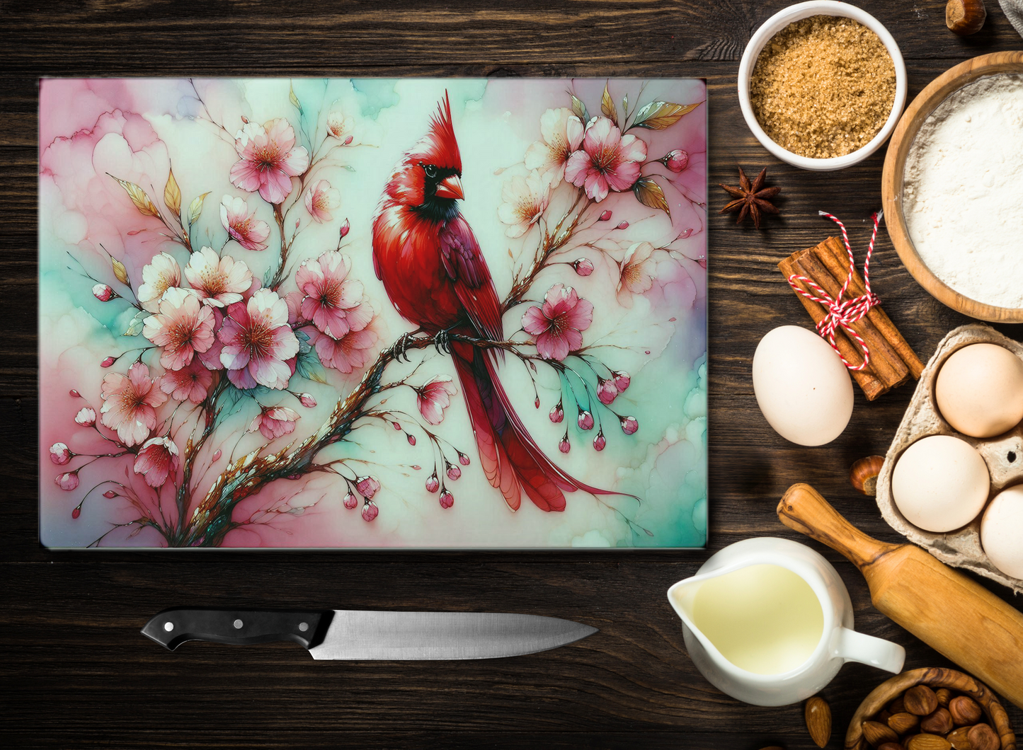 Cherry Blossom Cardinal Glass Cutting Board - Unique Mothers Day Gift Idea