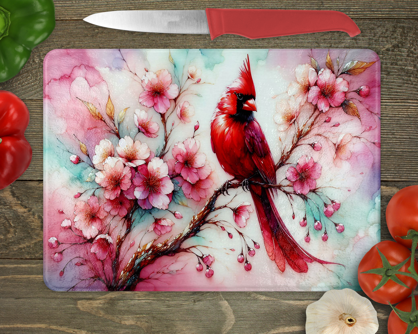 Cherry Blossom Cardinal Glass Cutting Board - Unique Mothers Day Gift Idea
