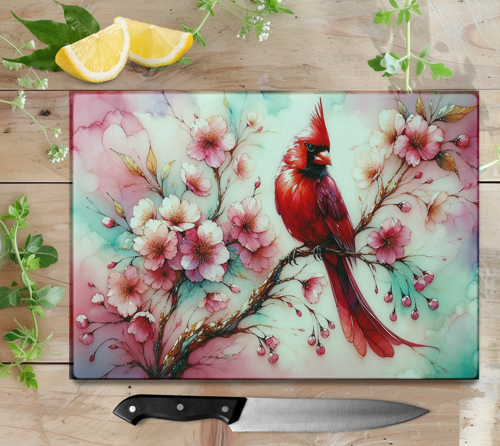 Cherry Blossom Cardinal Glass Cutting Board - Unique Mothers Day Gift Idea