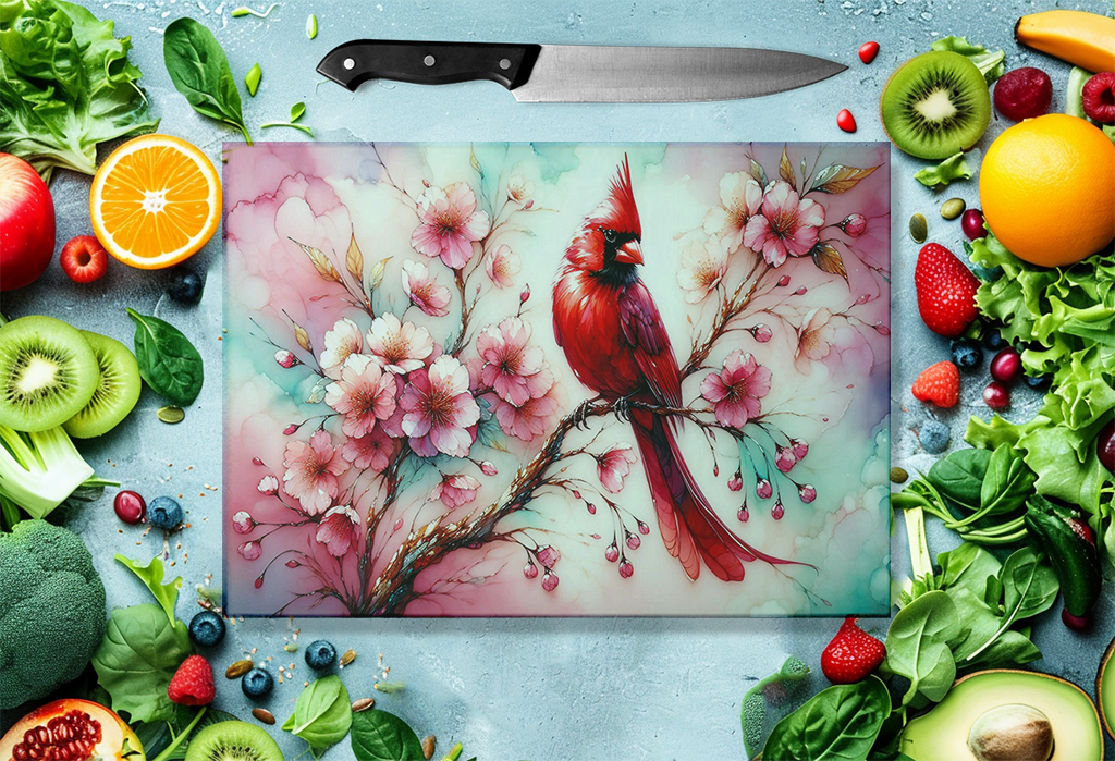 Cherry Blossom Cardinal Glass Cutting Board - Unique Mothers Day Gift Idea