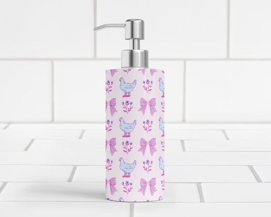 Pink Chicken Decor Bathroom Dispenser with Floral Accents, Farmhouse Chickens Lotion Pump with Bows & Floral Design, Unique Gift for Her