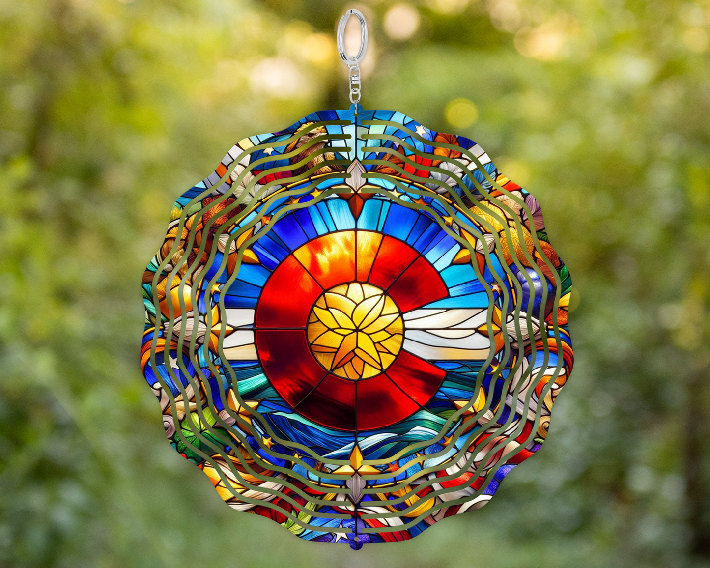 Handmade 3D Wind Spinner with Colorado Logo and Vibrant Stained Glass