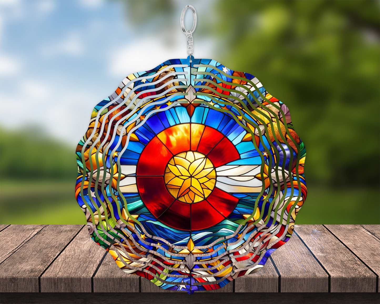 Unique Stained Glass Wind Spinner with Colorado Logo and Floral Design