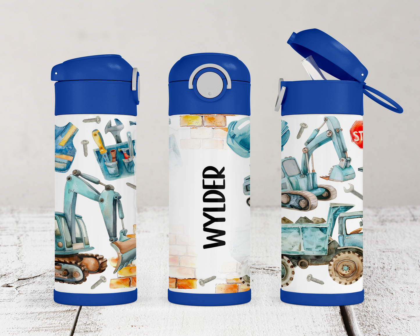 Personalized Construction Vehicles Water Bottle for Kids - Perfect School and Birthday Gift